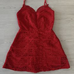 Lace Overlay Thin Strap Mini Dress Red