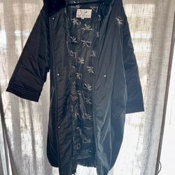 Triple fat, goose Long Black Quilted Puffer Coat with Faux-Fur Trim Hood