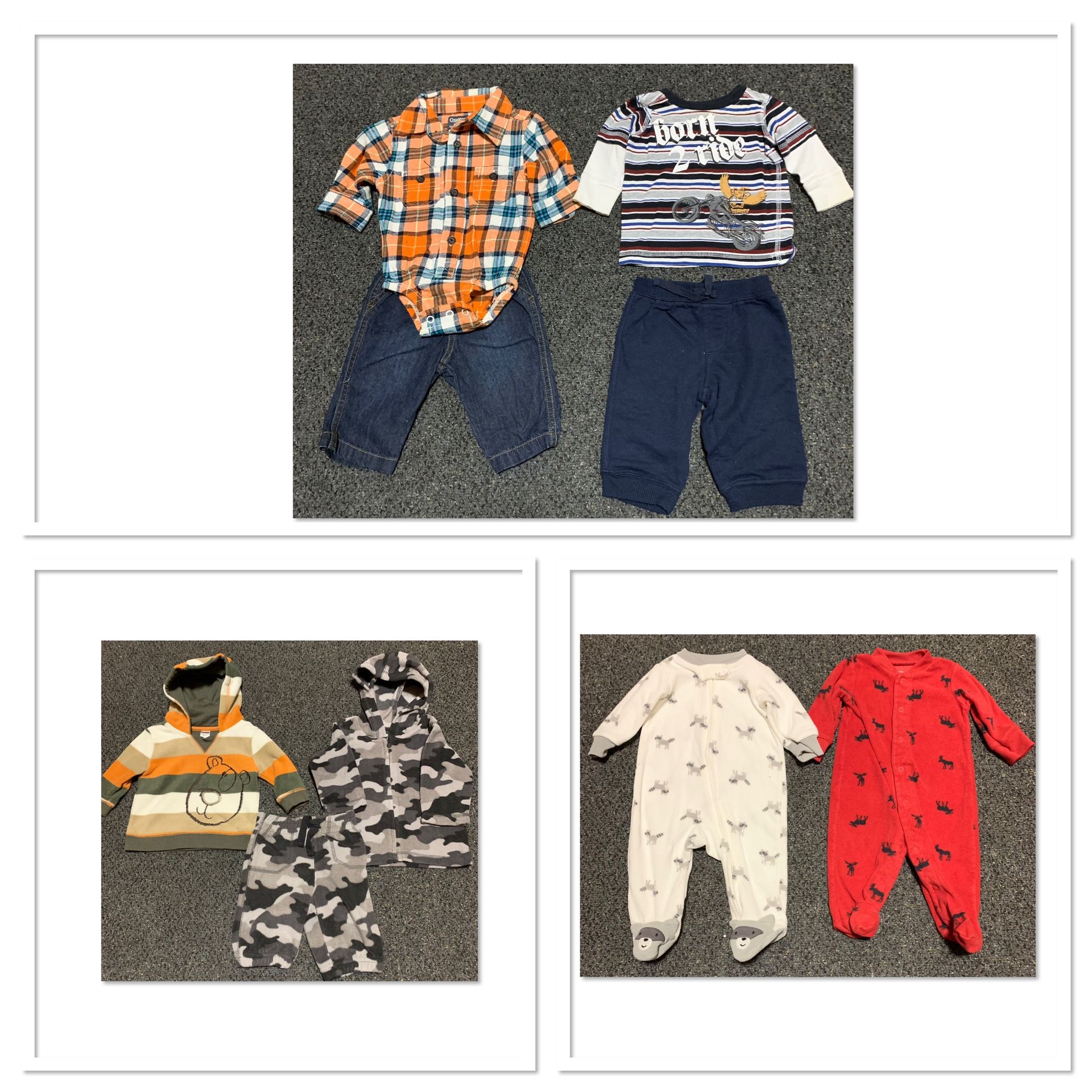 Adorable 9 piece baby boy 3 month fall/winter clothing bundle featuring multiple outfits. Includes 2 outfits (plaid onesie shirt with jeans and stripe