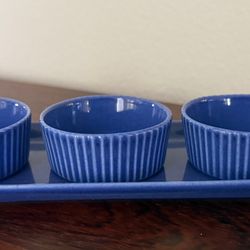 Vintage French Revol La Porcelain Blue Scalloped Edge Mini Tray & Mini Bowls