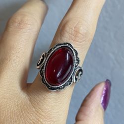  Red stone 925 sterling silver wide band chunky open adjustable ring could fits size 6-10