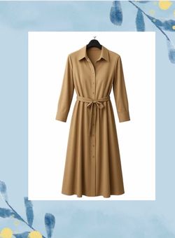 Girls/ Women Mid Sleeve Belted Shirt Dress – Beige – Size 8(M)