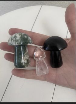 Crystal Mushroom Set  / Moss Agate, Quartz Crystal, and Obsidian