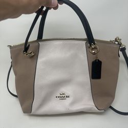 Coach Pebble Leather Satchel Tote Bag Brown/Beige with Black Handles/Crossstrap