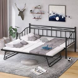 Twin Size Metal Daybed with Twin Size Adjustable Trundle and Portable Folding Trundle, Standard Bed Frame for Kids/Teens/Adults, No Box Spring Require