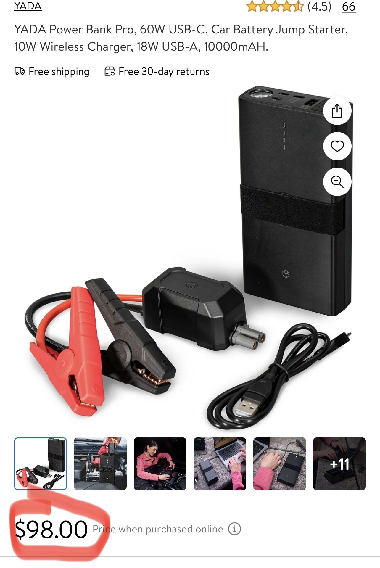 YADA Power Bank Pro, 60W USB-C, Car Battery Jump Starter, 10W Wireless Charger, 18W USB-A, 10000mAH.