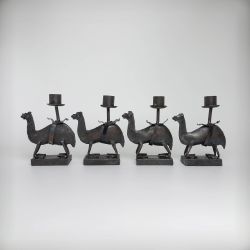 Mid Century Set of 4 Folk Art Metal Kneeling Camel Candle Holders. Made in India