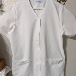 ANGELICA white collarless cotton scrub jacket short sleeves snap on front patch pocktes elastic waist at the back.