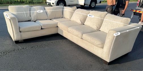 Cream Linen L-Shaped Sectional with Nailhead Trim – FREE Curbside Delivery