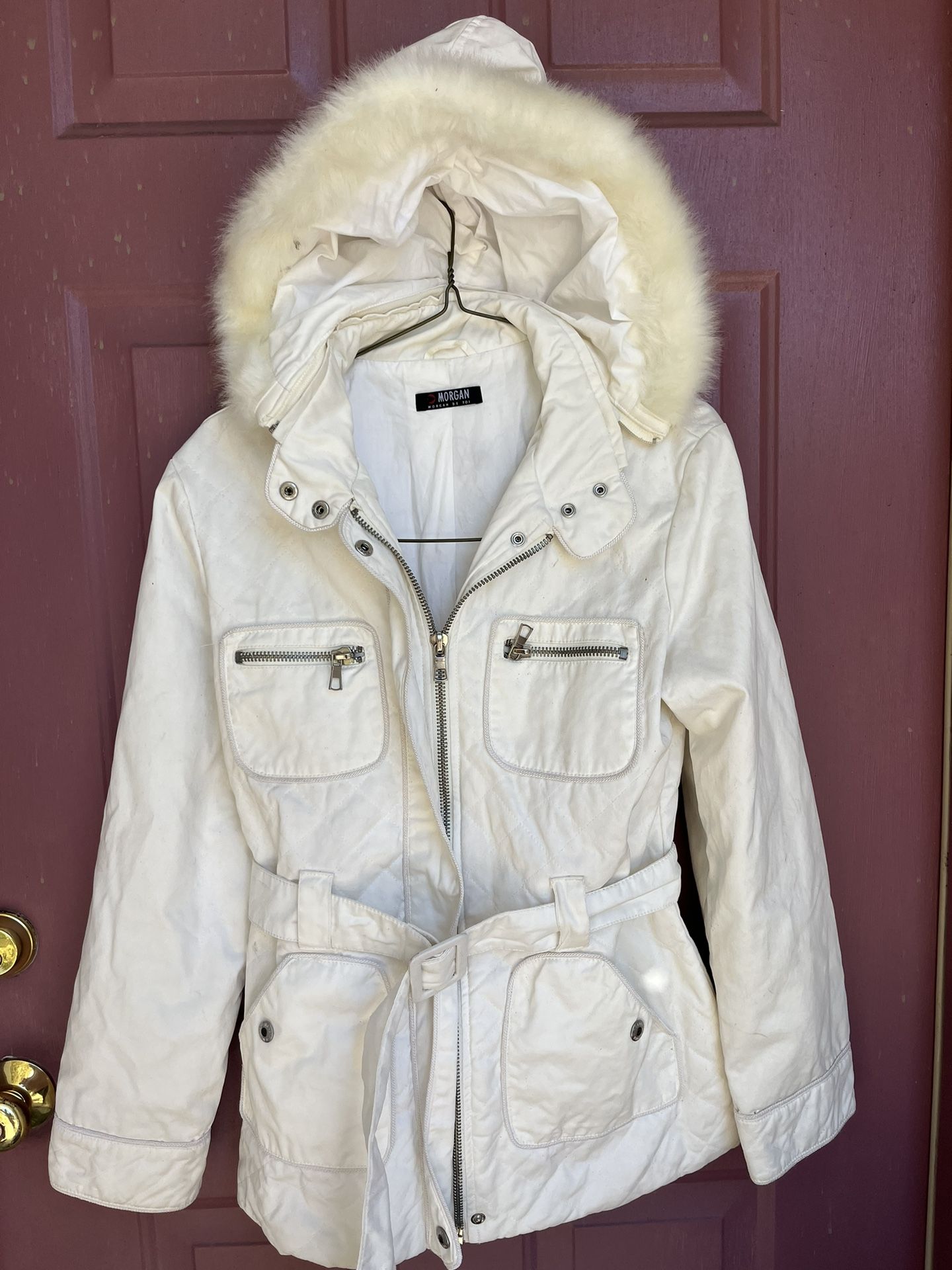 Pre-owned /Purchased In France- White Faux Fur Hooded Winter Jacket- Fits M Or Large/ 8-10