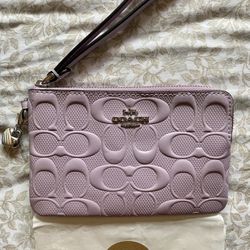 Coach Women's Signature Leather Corner Zip Wristlet with Heart Charm