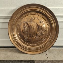 Vintage extra large 40 inches diameter English embossed brass wall plate - ship- nautical decor
