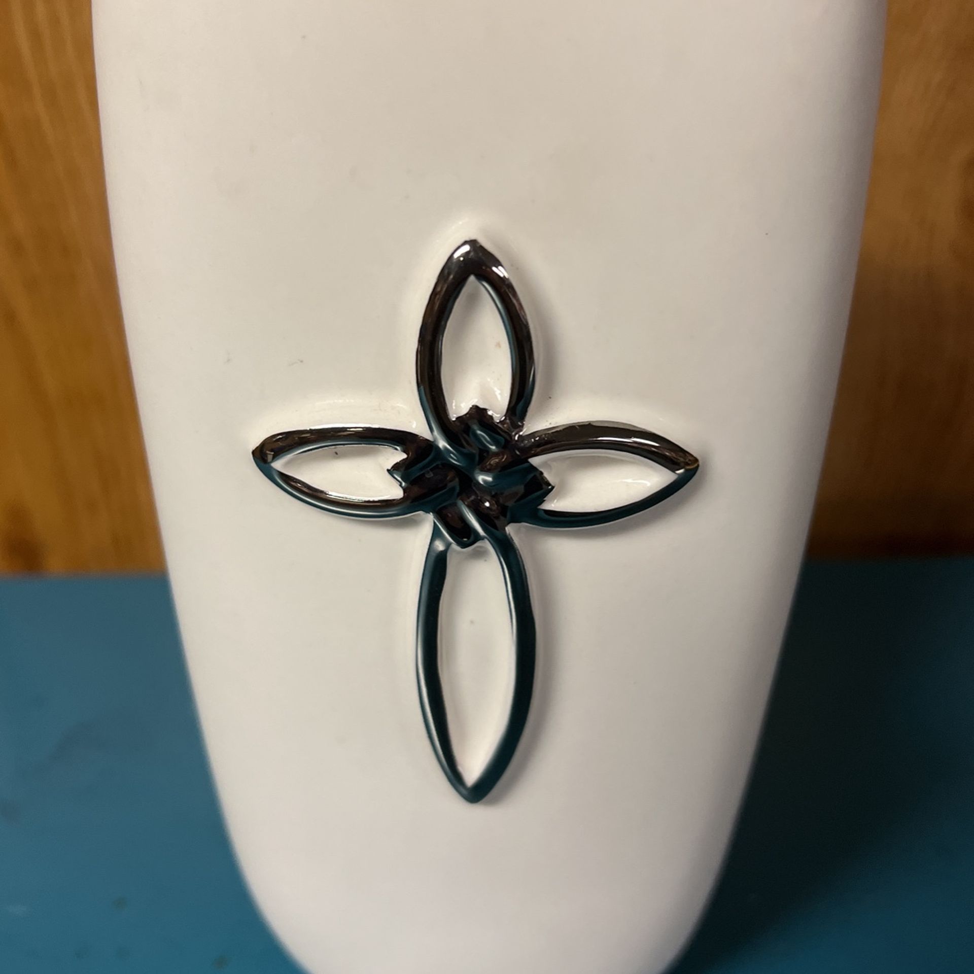Silver Cross Vase, 8” Tall FTD Square Tapered Off White Ceramic Vase With Shiny Silver Cross