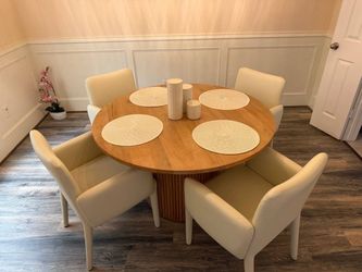 Breakfast / Dining Table Set – Light Wood Round Table with Beige Leather Chairs (Gold Trim) – $700