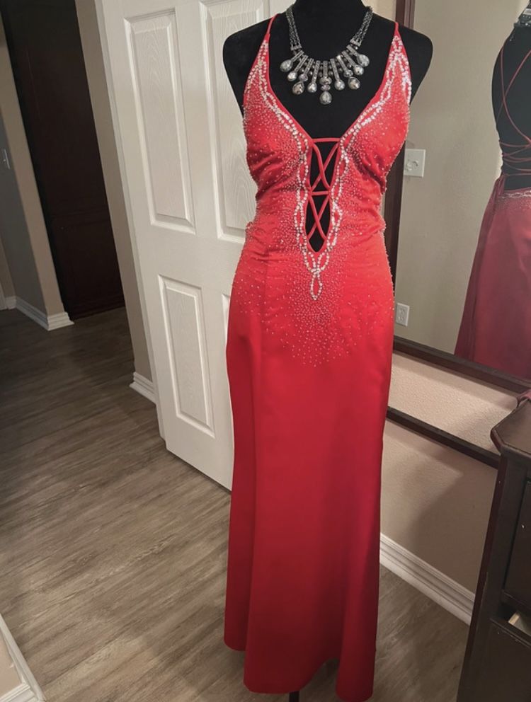 Red beaded maxi prom / homecoming dress