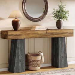 Tribesigns Farmhouse Entryway Table, 63-Inch Long Wooden Console Table, Rustic Console Behind Sofa with Double Trapezoid Bases for Entryway, Living Ro