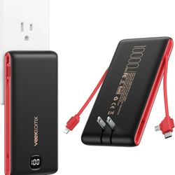 VEEKTOMX Portable Charger with Built-in Cables and AC Wall Plug, 10000mAh