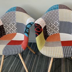 2 Modern Upholstered Multi-Colored Fabric Patchwork DAW Shell Dining Chairs - Color: Orange/Blue/Brown