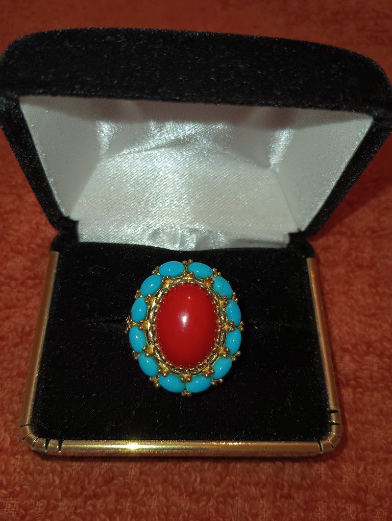 Turquoise, Red Coral 925/Palladium Alloy Ring
