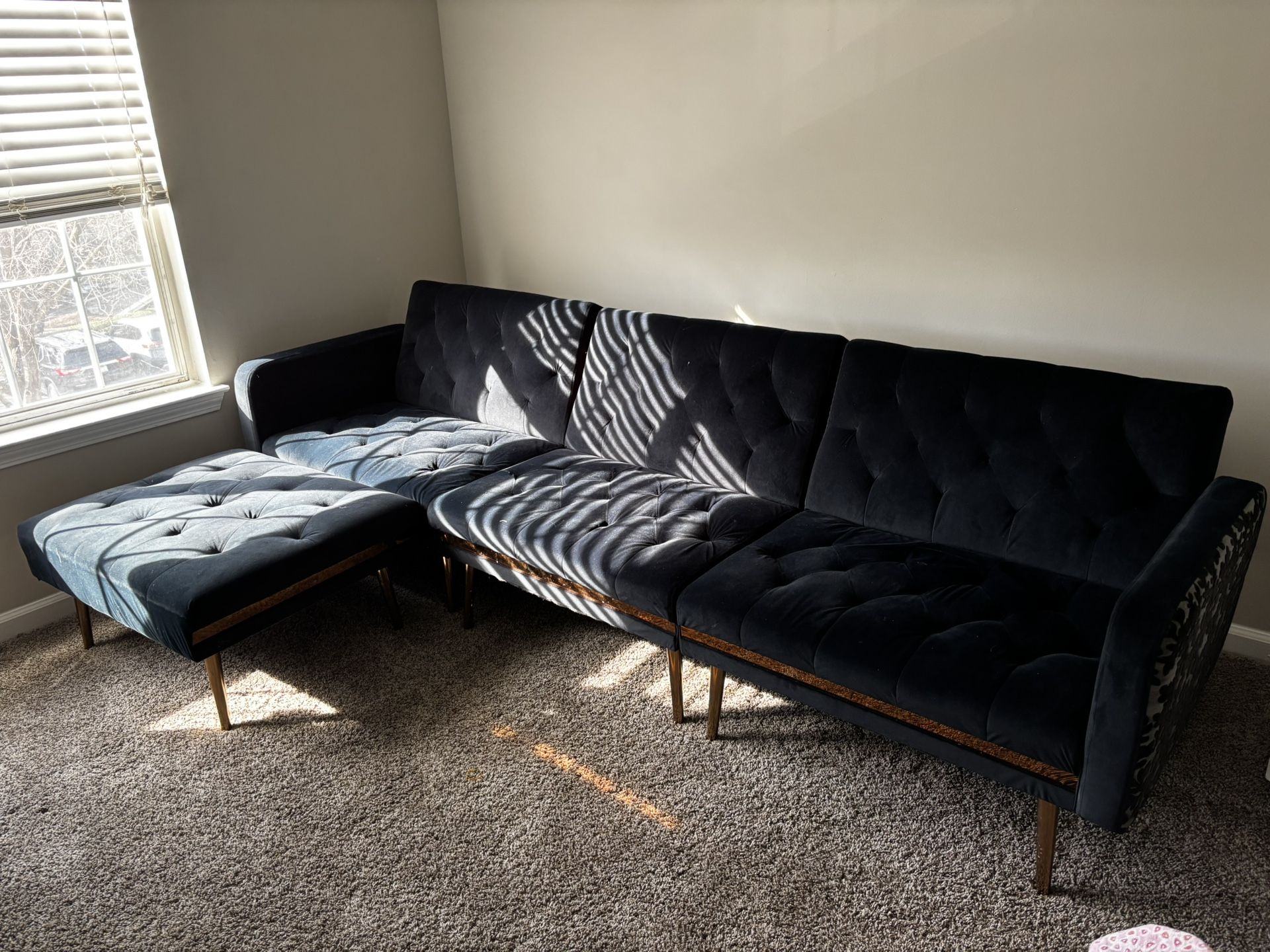 black velvet futon with ottoman & gold legs $500