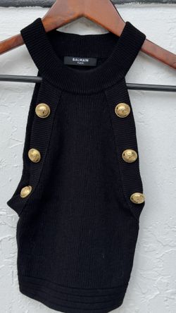 Balmain Chiocciola top in black knit with gold-tone buttons
