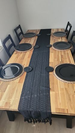 Butcher Block Dining Table with 6 Black Chairs