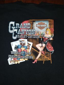 Harley-Davidson graphic t-shirt featuring a pinup girl, poker chips, and Whiskey Row Prescott, Arizona Men's Size $20.00