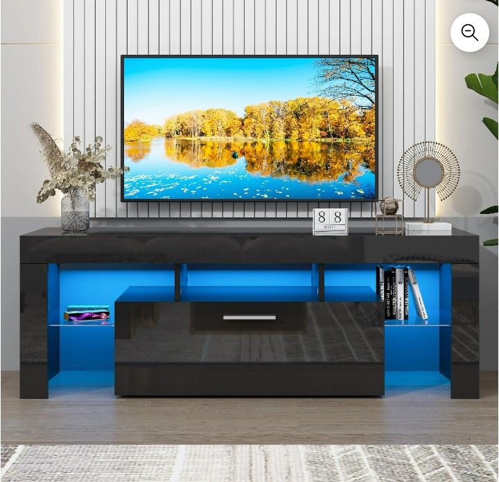 UHOMEPRO TV Stand for TV up to 55", Living Room Entertainment Center with RGB LED Lights and Storage Shelves Furniture, Black High Gloss TV Cabinet Co