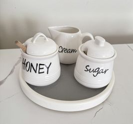 Honey, Sugar And Cream Containers Ceramic With The Turning Round Tray
