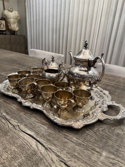 Silver-Plated Tea Set with Tray and Cups