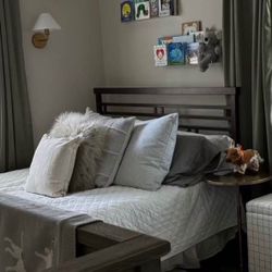 Queen bed frame, mattress, and box