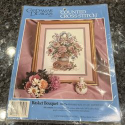 Cross Stitch Basket Bouquet Floral Counted Cross Stitch Kit.  Brand Candamar Design.  Size 11 inches by 14 inches.  Brand new factory sealed .  Smoke 