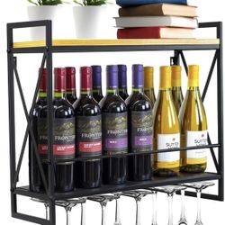 Wine Bottle Stemware Glass Rack, Industrial 2-Tier Wood Shelf, Wall Mounted 