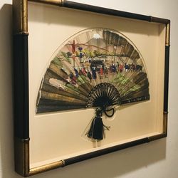 Antique Japanese Hand Painted Silk Folding Fan in Gilded Shadow Box Frame- 28" Wide