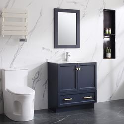 32 Inch Bathroom Vanity Set with Sink Navy Blue Bathroom Vanities with Mirrors&White Integrated Porcelain Top
