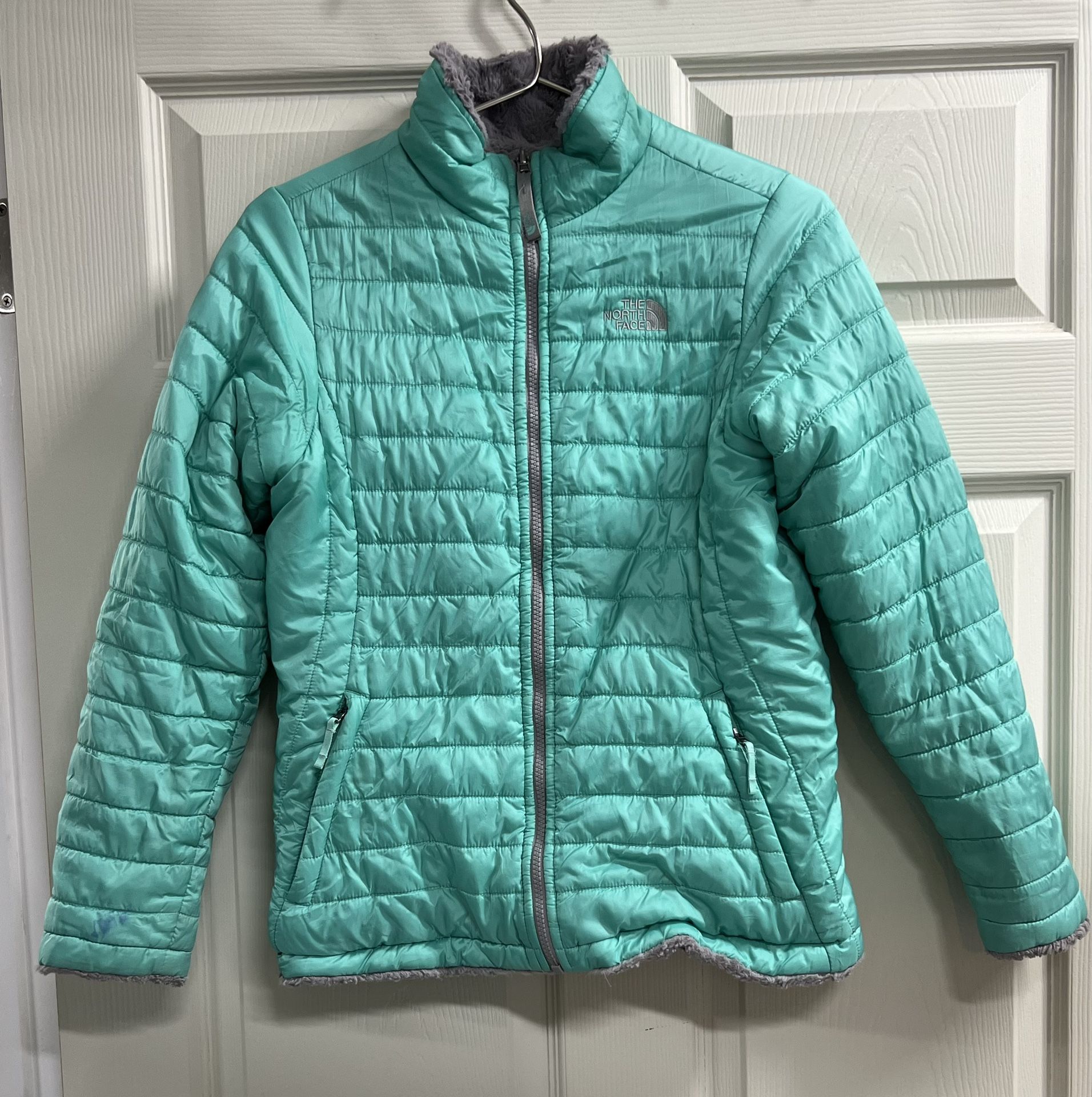 The North Face Girls Reversible Mossbud Fleece Gray Green Puffer XL Jacket - GUC
