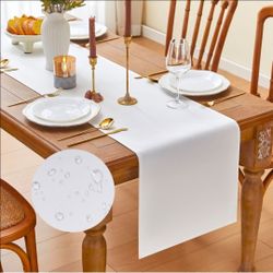 White Table Runner Seasonal Kitchen Dining Coffee Table Decoration 95 Inches Long Waterproof Neutral Farmhouse Rustic Table Runner Christmas Neutral H
