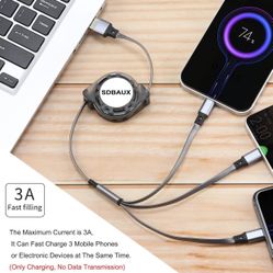 3.3m, Multi Charging Cable,Retractable USB To 3 In 1 Mini/Type-C/Micro Port Fast Charger Cord