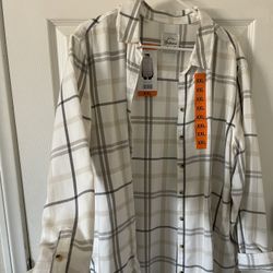 Women’s Plus Size XXL Plaid Button Down Shirt Cream Beige Lightweight Long Sleeve