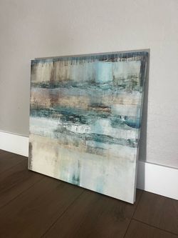 24x24 Square Turquoise Blue/Brown/White Abstract Canvas Artwork