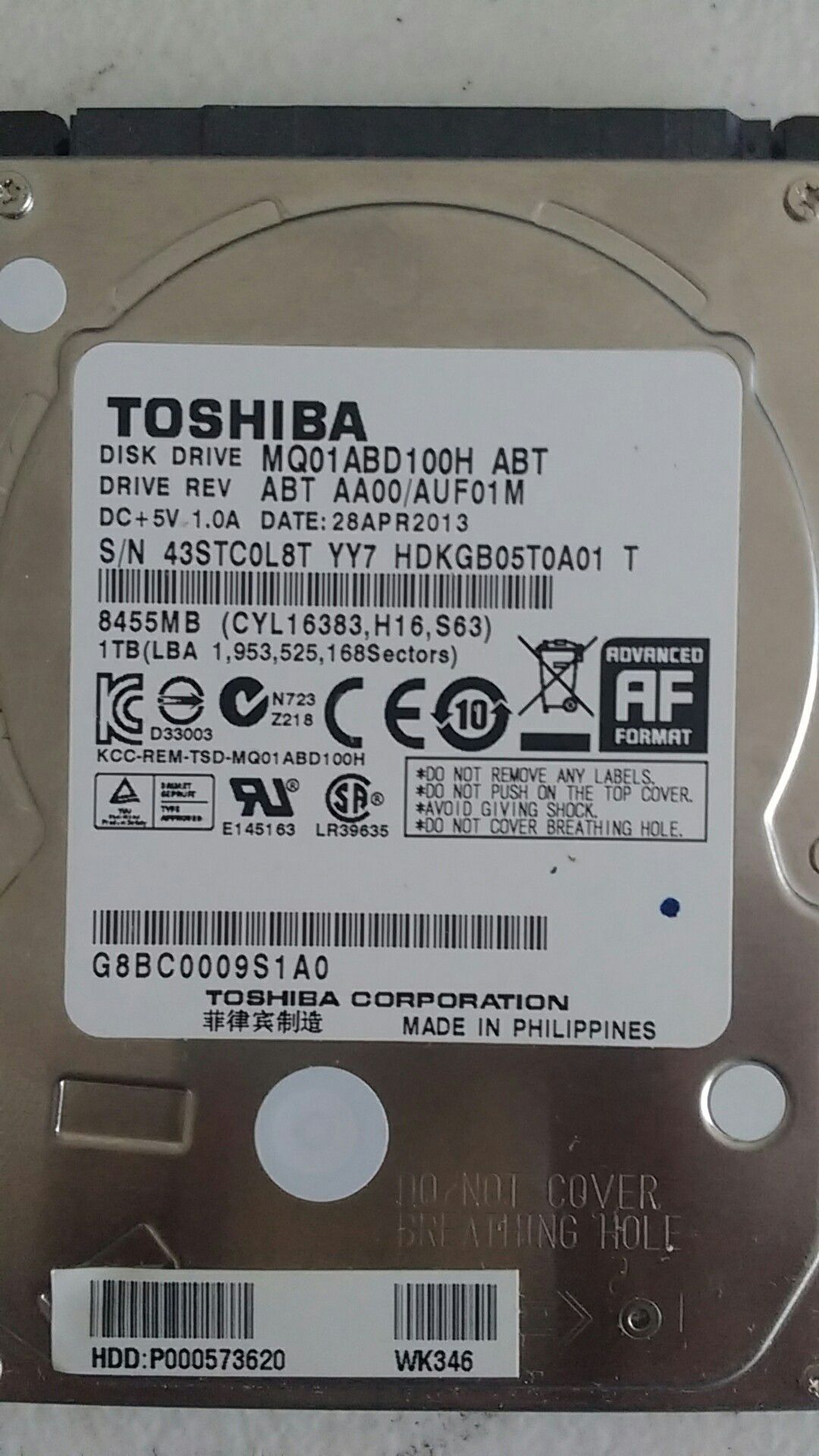 1TB HDD taken out of a Toshiba Laptop