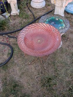 Glass bird bath with metal stand