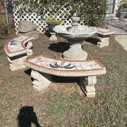 Concrete Fountain and three Benches 
