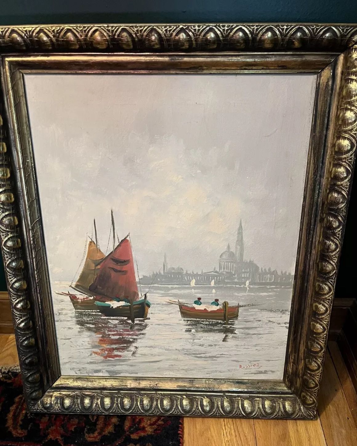 Original Painting On canvas Signed ROSSINI Ships In Harbor Framed On