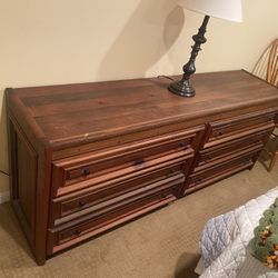 A Beautiful Vintage Solid Wood Low Dresser / Credenza And A Mirror