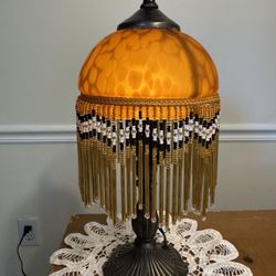 Gorgeous Vintage Amber Glass Bronze Base Beaded Boudoir Lamp 