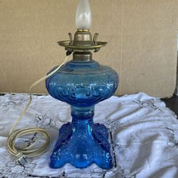 Vintage Glass Table Lamp Cobalt Blue Princess Feather Electric 