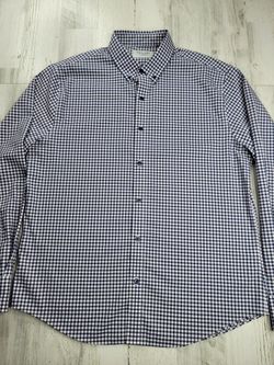 Twillory Untuckable Tailored Fit Button Down Blue Plaid Dress Shirt Men's Size L