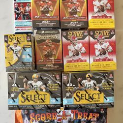 LOT - 2020 & 2021 Football Cards Sealed Box Packs Select Mega Blaster Prizm Score Chronicles Hanger Score A Treat Halloween Rookie NFL Auto SP Patch B