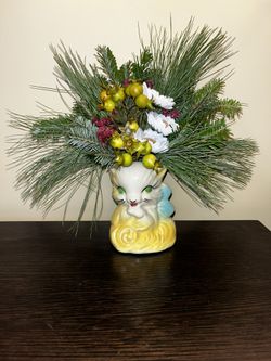 Holiday Christmas Floral Arrangement Fresh Evergreens Silk Vintage Cat Planter